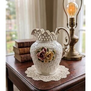 Vintage Capodimonte Style Lattice Pitcher - 8" Porcelain Floral Vase Gold Trim